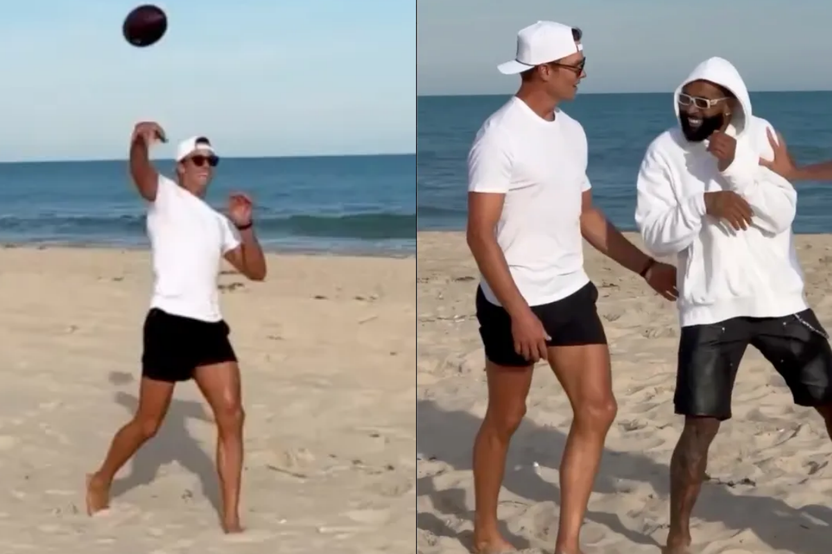 Tom Brady intercepted by Damar Hamlin in pre-white party beach game ...